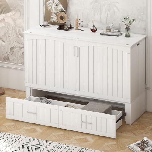 CECER Queen Size Murphy Cabinet Chest Bed, 2 in 1 Murphy Bed with Foldable Foam Mattress, Space-Saving Cube Murphy Bed with Charging Station and Large Storage Drawer,Cherry