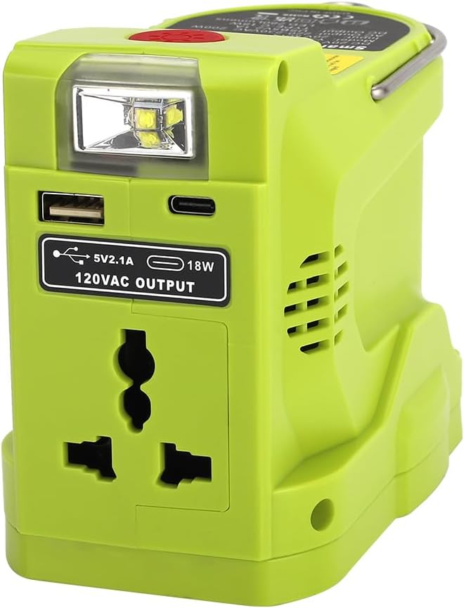 200W Powered Inverter Generator for Ryobi 18V ONE+ Lithium Battery Portable Power Source with 280LM Light, USB Port, TYPE-C Port Ryobi Inverter AC Outlet Convert DC 18V to AC 110V 120V (Tool Only)