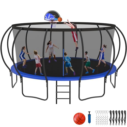 Tranpoline Outdoor, 8 10 12 14 15 16FT Tranpoline for Kids [Curved Poles Reinforced Design & 1500LBS & Easy to install], Tranpoline with Basketball Hoop and Safety Net