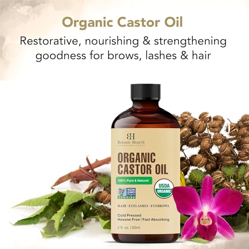 Botanic Hearth Castor Oil | USDA Certified Organic |100% Pure & Hexane Free | Cold Pressed | Growth for Eyelashes, Eyebrows, Hair | With Eyebrow & Eyelash Brush | 4fl oz