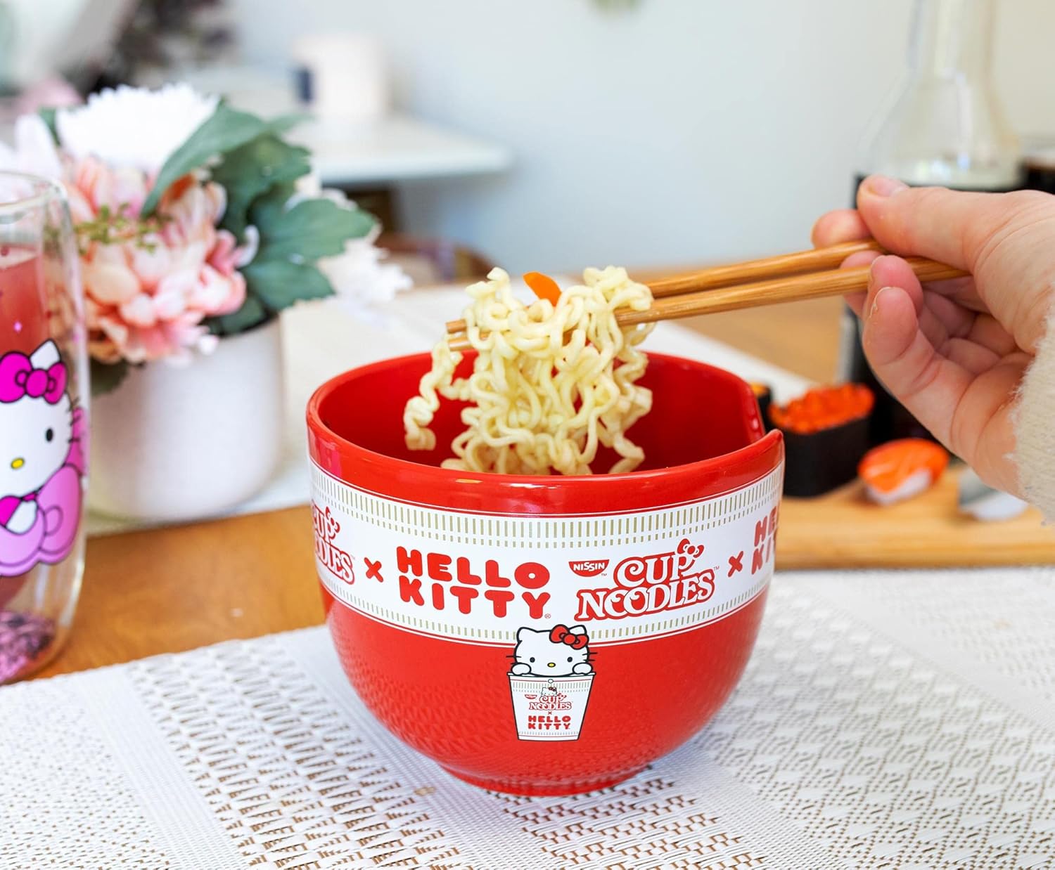 Silver Buffalo Sanrio Hello Kitty x Nissin Cup Noodles Red Ceramic Dinnerware Set | Includes Ramen Noodle Bowl and Wooden Chopsticks