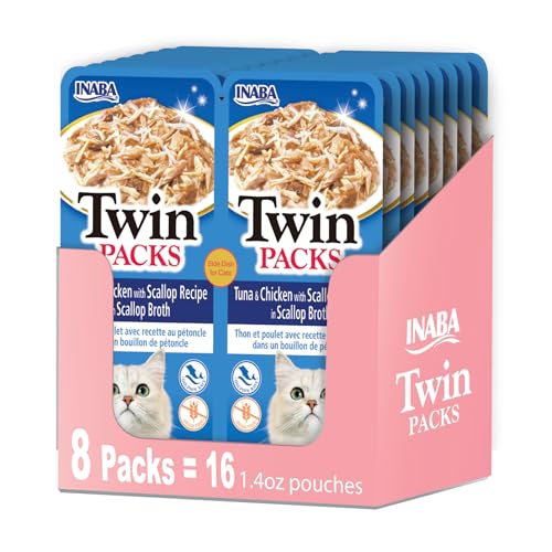 INABA Twin Packs for Cats, Shredded Chicken & Broth Gelée Side Dish/Topper Pouch, 1.4 Ounces per Serving, 16 Servings, Tuna & Chicken Recipe in Tuna Broth