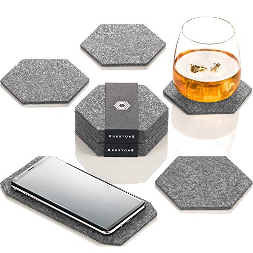 Coasters for Drinks Set of 9, Absorbent Felt Coasters with Double Holder and Unique Phone Coaster, Premium Package, Perfect Housewarming Gift, Protects Furniture (Hexagon, Gray)