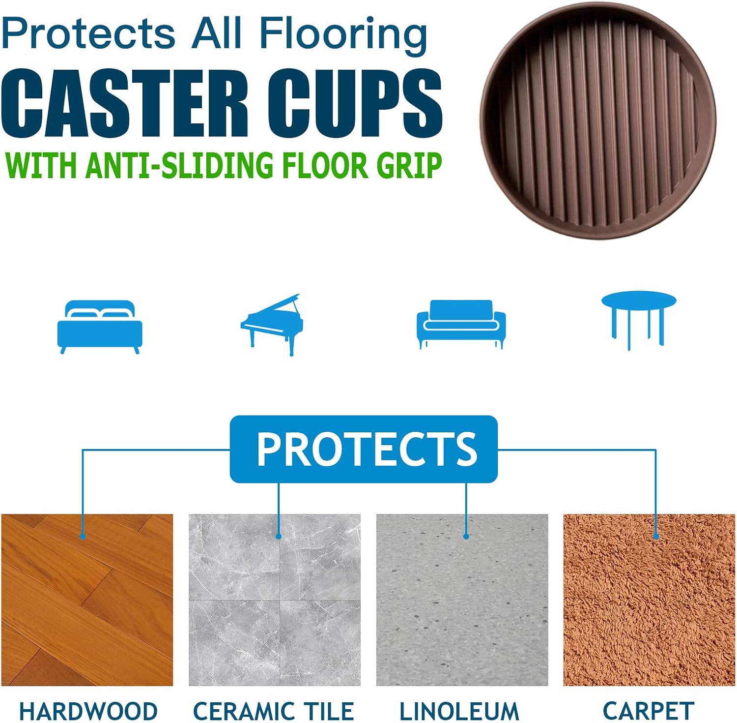 2x2 Round Rubber Furniture Caster Cups with Anti-Sliding Floor Grip, Caster Cups 4 PCS, Ideal Furniture Coasters, Floor Protectors Brown, Non Skid Furniture Pads, Rubber Furniture Cups