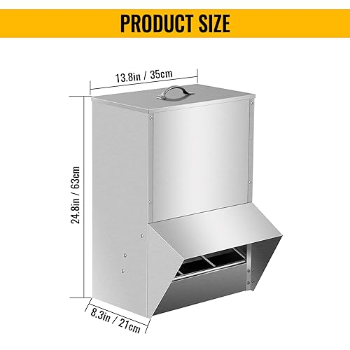 Galvanized Chicken Feeder, Poultry Feeders No Waste 50LBS Capacity, Rat Proof Hanging Chicken Feeder with Lid,Weatherproof Steel Outdoor Coop Food Dispenser for Chicken & Duck, Silver