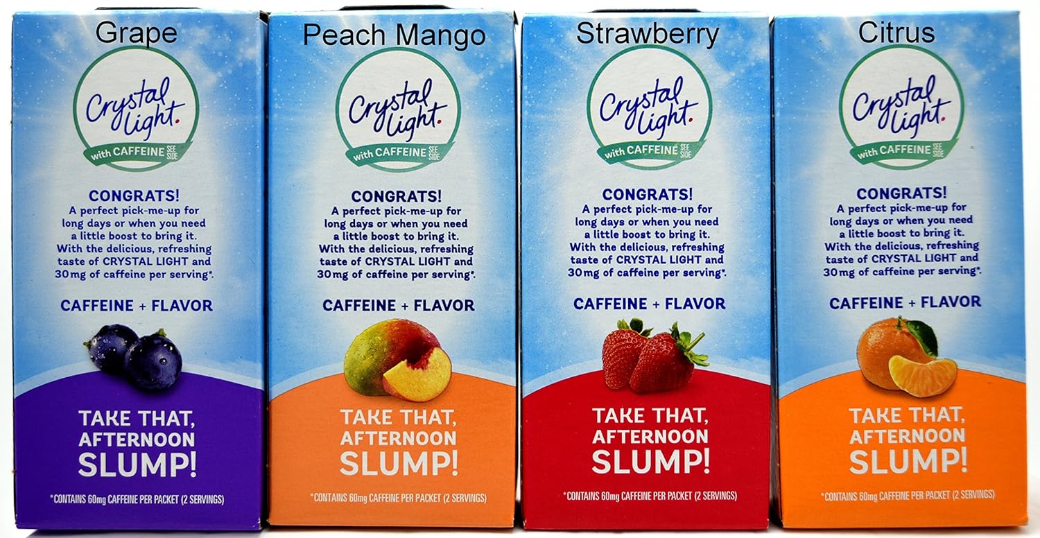 Crystal Light On The Go With Caffeine Drink Mix Variety Pack, 4 Flavors, 3 Boxes of Each Flavor, 12 Boxes Total