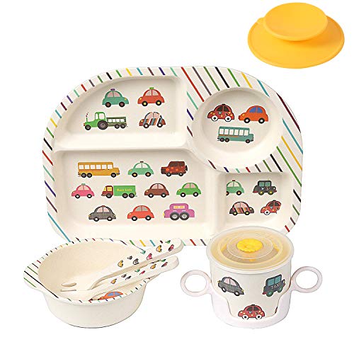 shopwithgreen 7Pcs/Set Bamboo Kids Dinnerware Set - Children Dishes - Food Plate Bowl Cup Spoon Fork Set Dishware, Cartoon Tableware, Dishwasher Safe Kids Healthy Mealtime, BPA Free