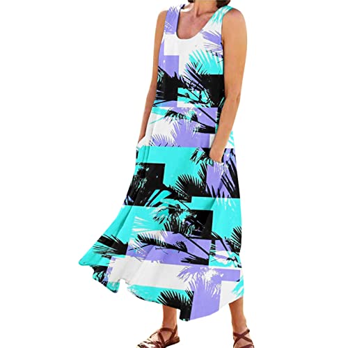Women Sun Dresses 2024 Casual Long Summer Cute Sleeveless Dress with Pockets Floral Loose Fit Plus Size Fashion Maxi Dress