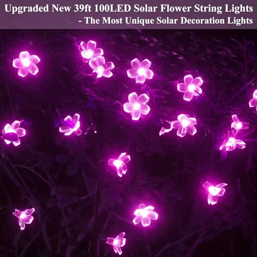 Flower Solar Outdoor Lights String Waterproof 39ft 100LED Fairy Lights, Solar Cherry Blossom String Lights for Outside Garden Patio Yard Fence Lawn Balcony Deck Christmas Tree Decor (Purple)