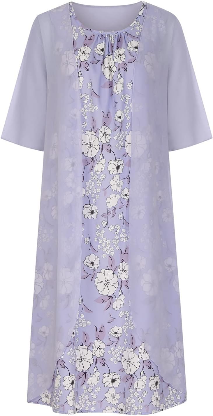 Purple Flower Summer Dresses for Women Flowy Dress Chiffon Tunic Dress Loose Sleeveless Crewneck Long Dress 2023 Casual Trendy Maxi Vintage Plus Size Bohemian L