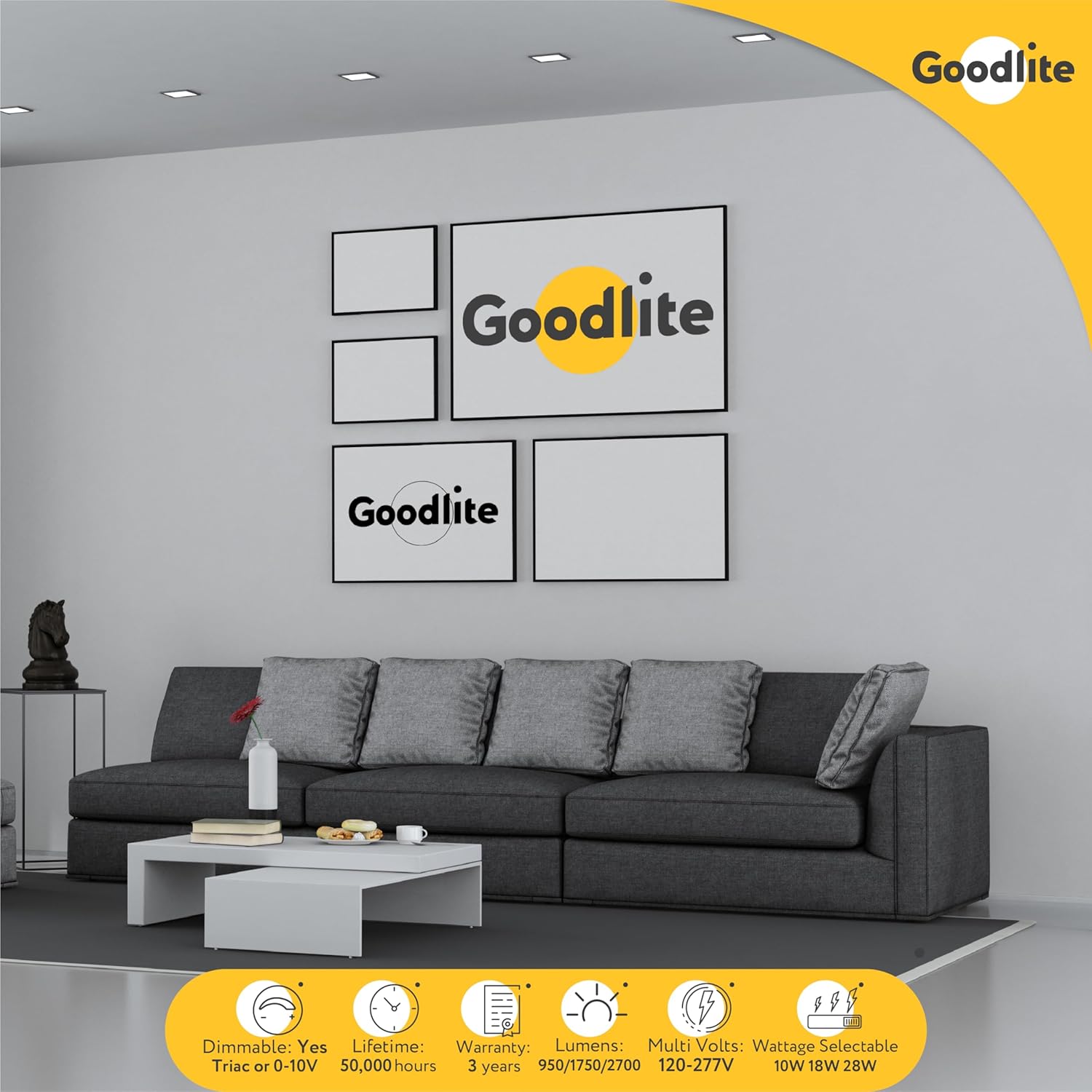 Goodlite 6-inch LED Regress Square Slim - Recessed Downlight, Multi-Watt 10-18-28W, 120-277V, CRI 90+, Wet & ETL, Triac & 0-10V Dimming, 950-1750-2750 Lumens, 5CCT 27K-30K-35K-41K-50K, 1ct (G-20246)