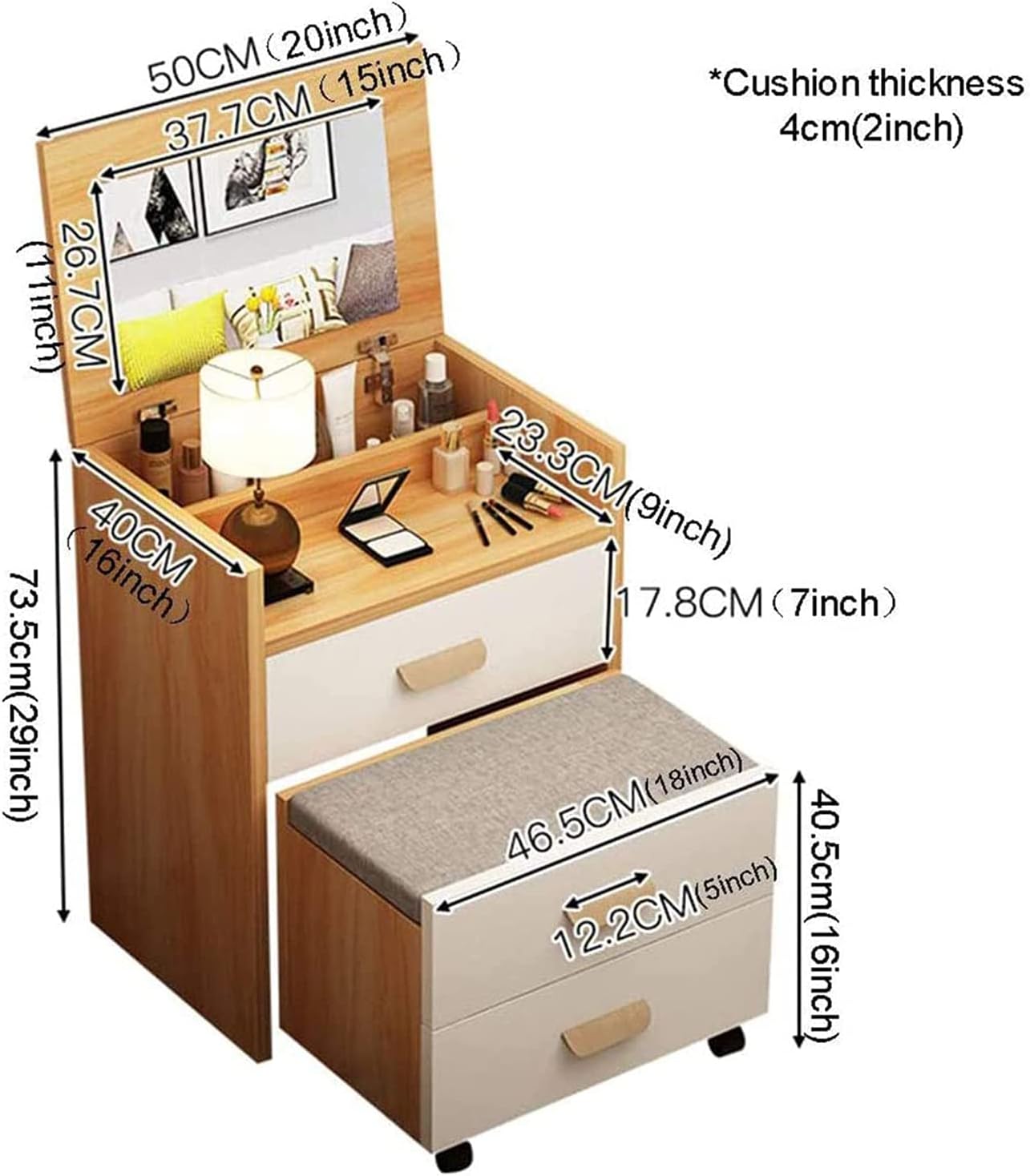 Dressing Table Set with Flip Top Mirror and Cushioned Stool Folding Mini Makeup Vanity Table Bedside Table Writing Desk with Storage Grids for Bedroom Furniture