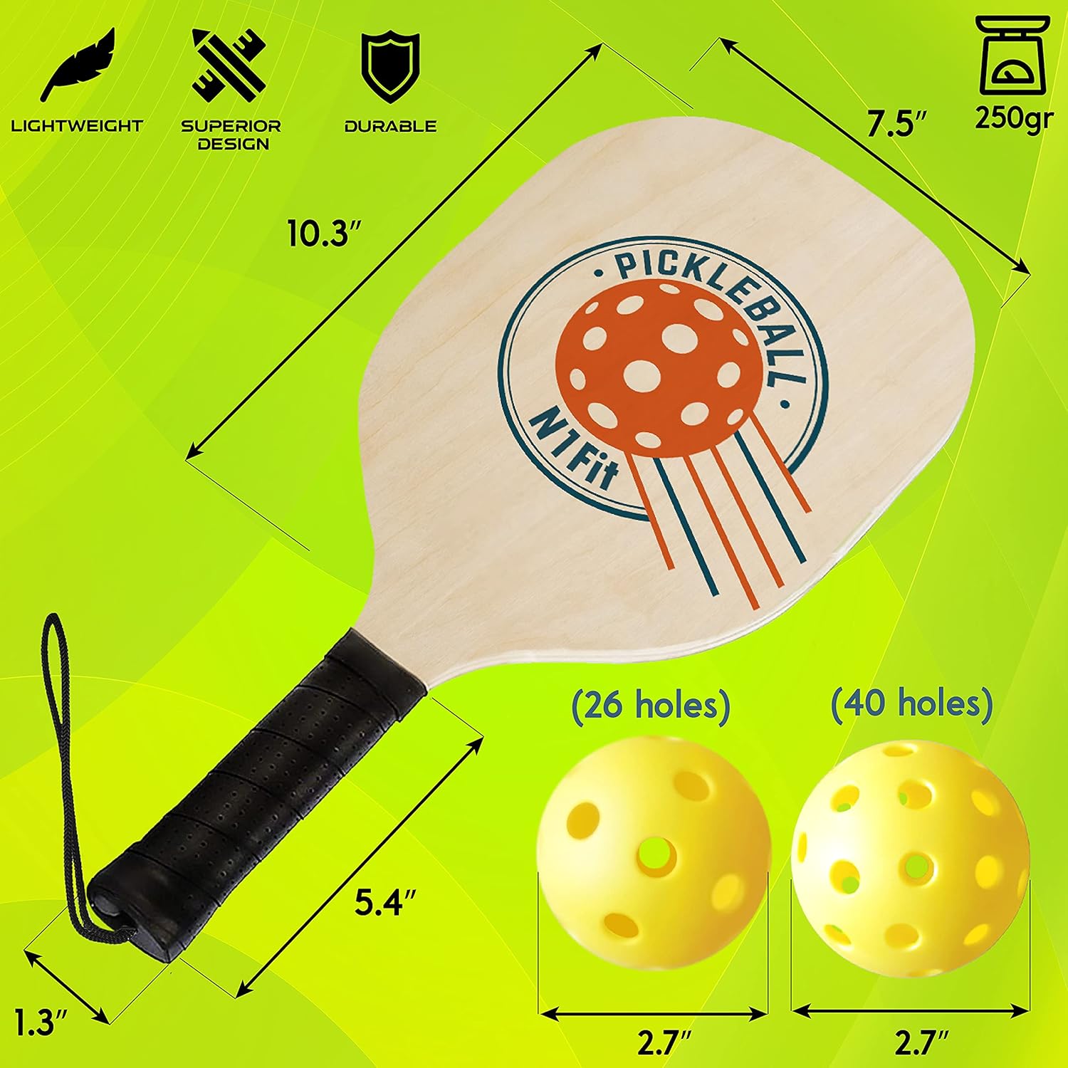 Wood Pickleball Paddle 4 Pack, Wooden Pickleball Paddles, Pickleball Set with 1 Carry Bag and 6 Balls, 7-ply Basswood, Pickle Ball Raquette Set with Ergonomic Cushion Grip, Pickleball Rackets
