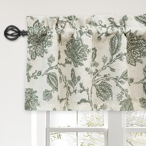 DriftAway Freda Jacobean Floral Linen Blend Blackout Thermal Insulated Energy Saving Privacy Window Linen Curtain Valance Rod Pocket 2 Layers Single 52 Inch by 14 Inch Plus 2 Inch Header Navy Beige