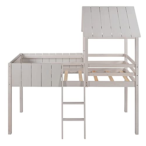 Twin Low Loft Bed with Ladder and Under-Bed Large Space, Pinewood House-Shaped Bed Frame with Roof and Fence-Shaped Guardrails, Bedroom Furniture (Wash Gray)