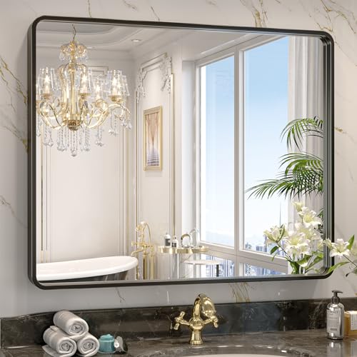 Brightify Glod Bathroom Mirror for Wall, 32x40 Inch Rectangular Black Metal Framed Mirror, Modern Wall Mounted Vanity Mirror for Bathroom, Vertical or Horizontal