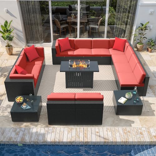 Greesum Patio Furniture Sets 15-Pieces Outdoor PE Rattan Sectional Sofa w/43in Gas Fire Pit Table 55000 BTU Add Warmth to Gatherings Parties On Deck Garden Backyard, Red