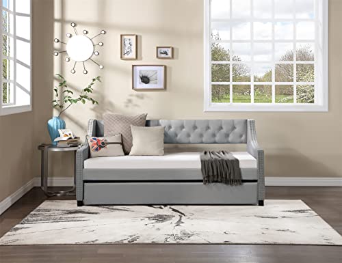 Daybed with Trundle, Twin Size Velvet Upholstered Daybed Frame with Tufted Button Back & Copper Nail on Arms, Wood Sofa Bed Frame for Living Room Bedroom, No Box Spring Needed, Grey