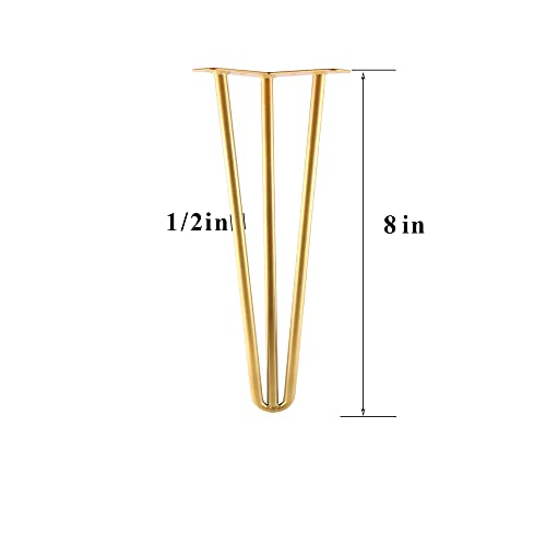 10 Inch Hairpin Legs Metal - 1/2” Dia 3 Rods Design - Mid Century Furniture Table Legs, DIY Furniture Hairpin Feet Gold for Nightstand, Coffee Table and TV Stand, Set of 4