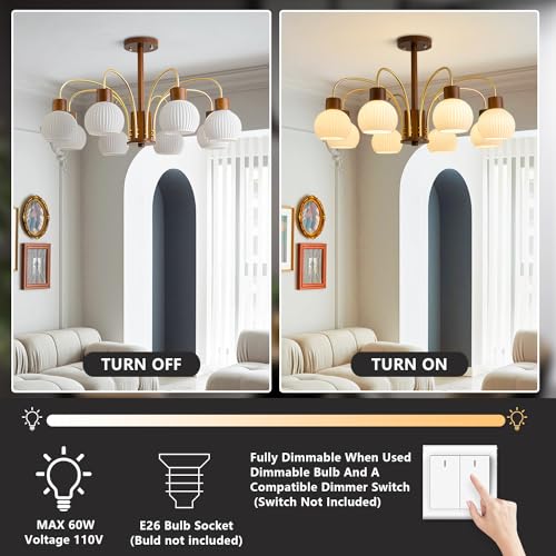 Mid Century Modern Globe Chandelier 6-Light Ribbed Milk Glass Chandelier Farmhouse Rustic Wood Chandelier White and Gold Pendant Light Dining Room Light Fixtures over Table