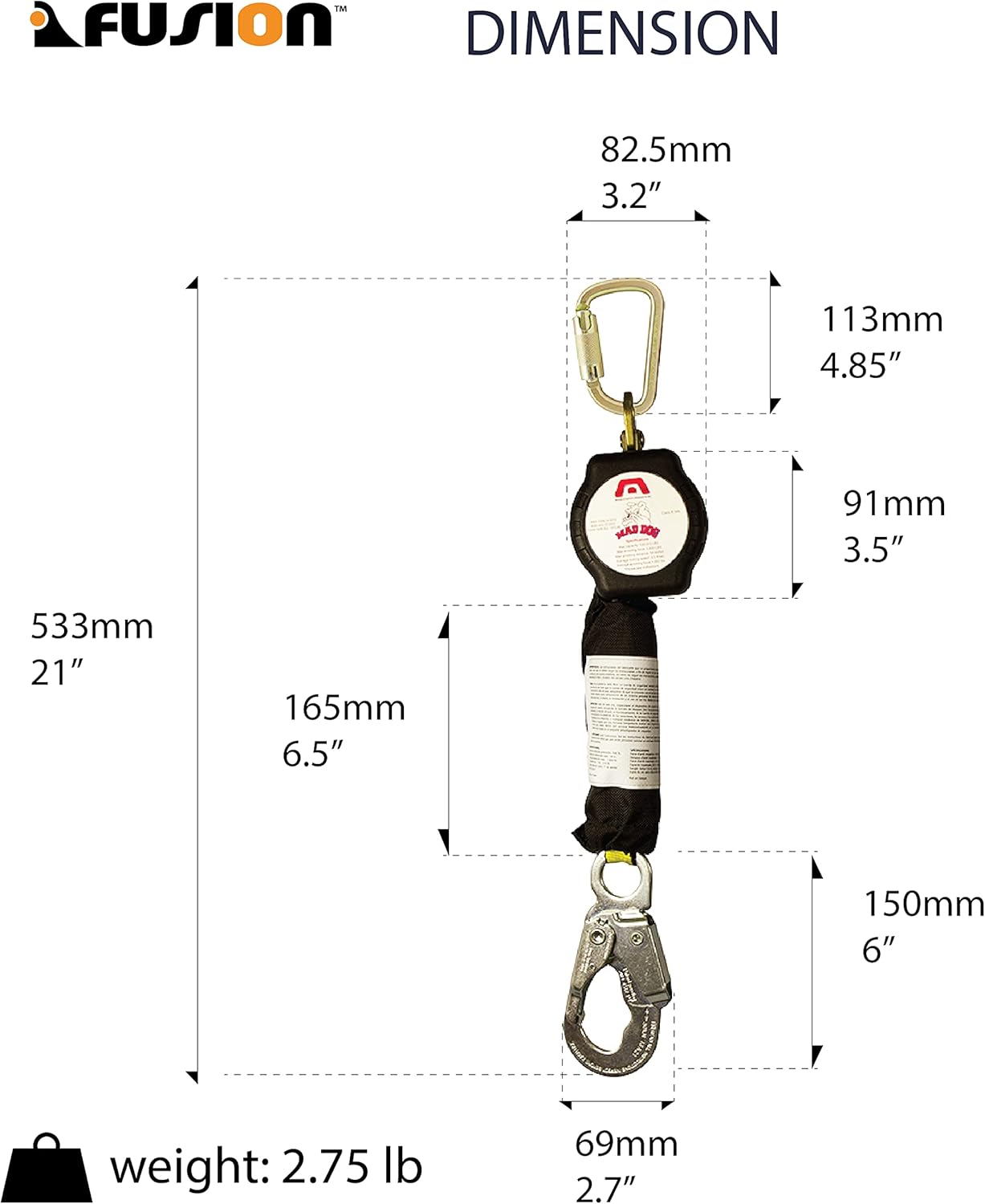 Madaco Mad Dog Roof Construction Fall Protection Heavy Duty Industrial Safety 6' Self Retractable Shock Pack Lanyard, Self Retracting Lifeline, snap hook SRL-9166
