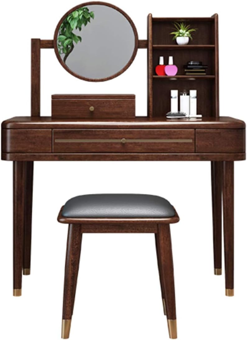 Vanity Table Set Dressing Table Set with Mirror, Modern Vanity Makeup Table with Large Drawers and Cushioned Stool
