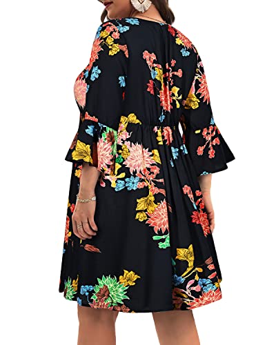 Women's Plus Size Boho Dress Floral V Neck Tassel Bell Sleeve Casual Summer Beach Flowy Mini Dress