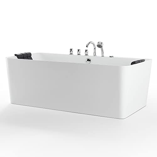 Empava 59-Inch Freestanding Whirlpool Bathtub Rectangular with 8 Hydromassage Adjustable Water Jets Luxury Acrylic Massage SPA Soaking Bath Tub Double Ended, White