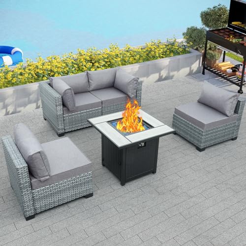 Valita 5-Piece Patio Rattan Furniture Set Outdoor PE Wicker Conversation Couch, Grey Rattan Sectional Sofa with Coffee Table and Washable Grey Cushion