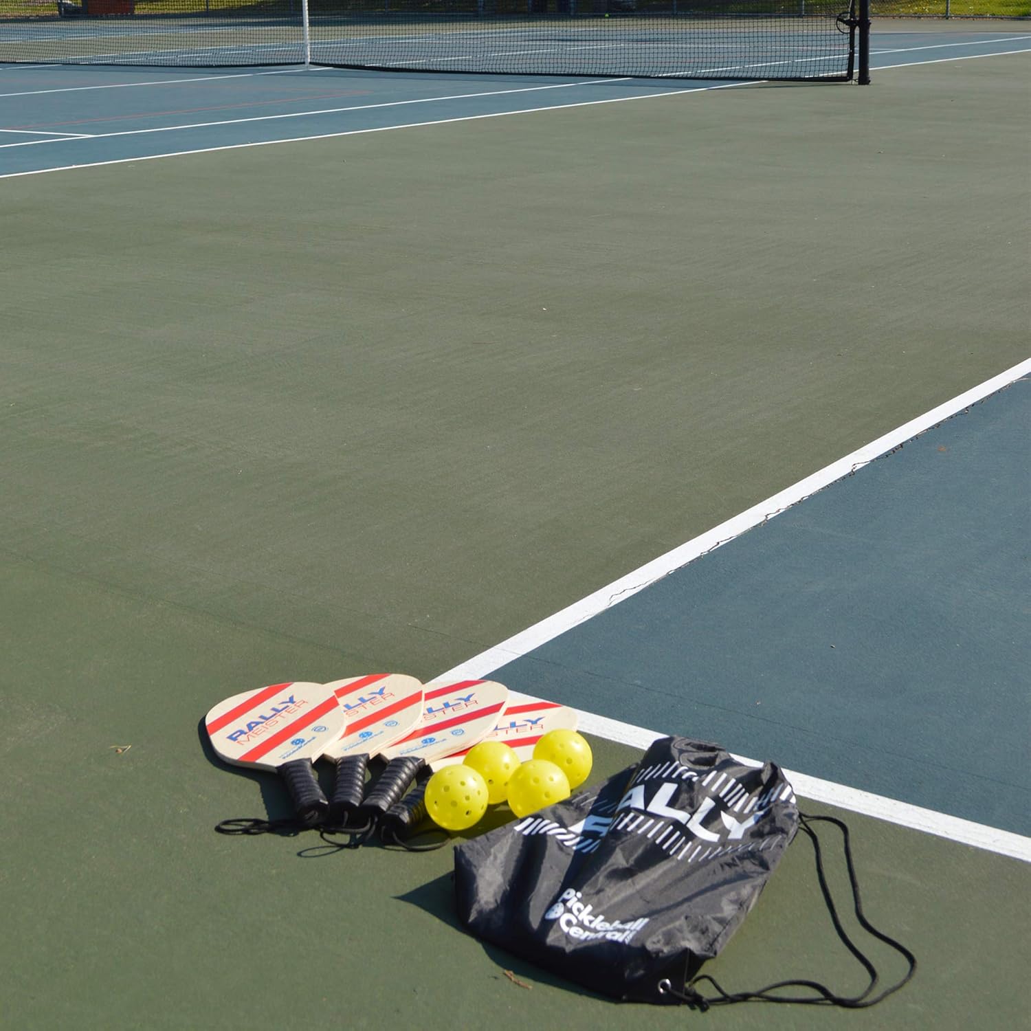 Rally Meister Beginner Wood Pickleball Paddle Set for 4 Players (4 Paddles + 4 Outdoor Pickleballs + Drawstring Bag + Rules/Strategy Guide)