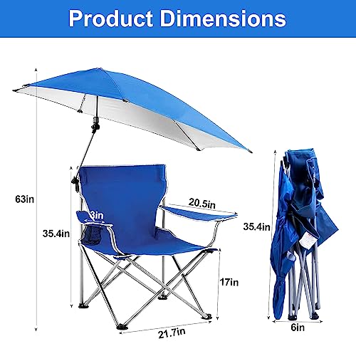 Foldable Beach Chair with Detachable Umbrella Armrest Adjustable Canopy Stool with Cup Holder Carry Bag for Camping Poolside Travel Picnic Lawn Chair (Blue)