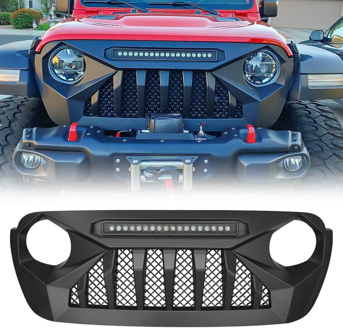 Front Grill Demon Grille Compatible with Jeep 2018+ Wrangler JL and 2020+ Gladiator JT Models, with Offroad Lights (Matte Black)