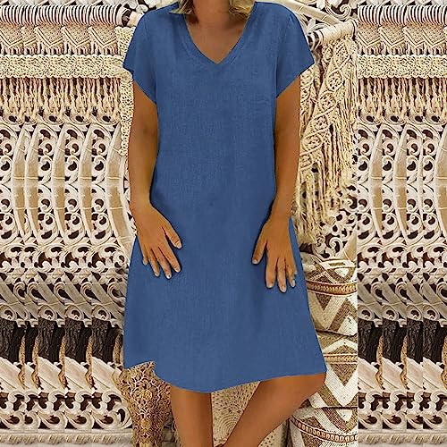 Dresses for Women 2024 Summer Casual Plus Size V Neck Short Sleeve Cotton Dress Loose Boho Beach Solid Midi Dress