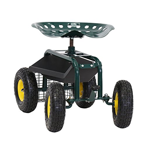 Kinfant Rolling Garden Cart with Seat - Garden Scooter Rolling Stool Gardening Cart with Tool Storage Basket & Swivel Seat