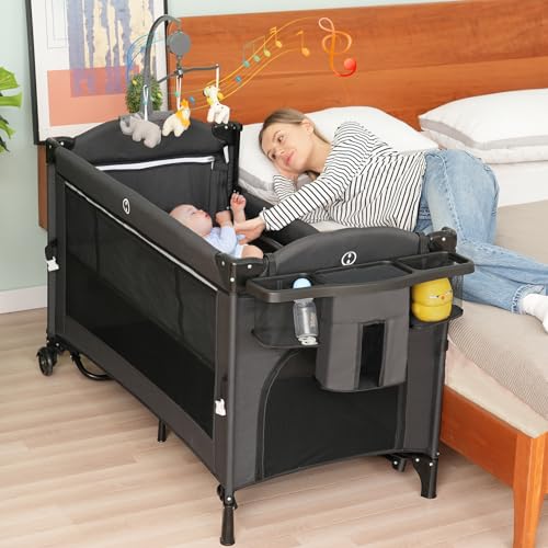 5 in 1 Baby Bassinet Bedside Sleeper, Pack and Play Bassinet , Bedside Sleeper for Newborn to Toddlers,Multifunction Portable Playard with Bassinet Crib,Soft Toys,Waterproof Sheet,Diaper Changer.