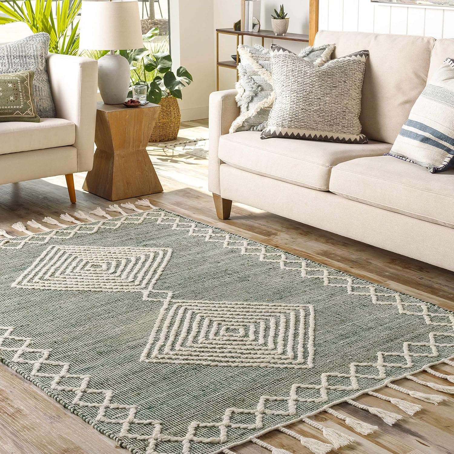 Hauteloom Guiuan Jute Living Room, Bedroom Area Rug - Global - Beige, Green - 8' x 10'