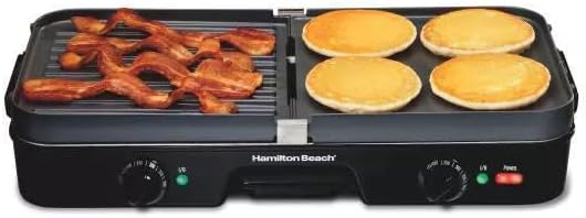 Hamiilton Beach 3-in-1 Grill/Griddle 25380 - Versatile Cooking, Dual-Zone Temperature Control, Easy Cleanup, Compact and Portable, Black