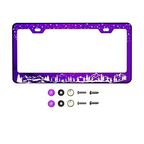 Black Smoke Chrome Titanium Gun Metal Laser Etched Mountain View Stars Wild Life T304 Stainless Steel License Plate Frame Holder with Metal Screw Caps Cover (Qty: 1 Frame)