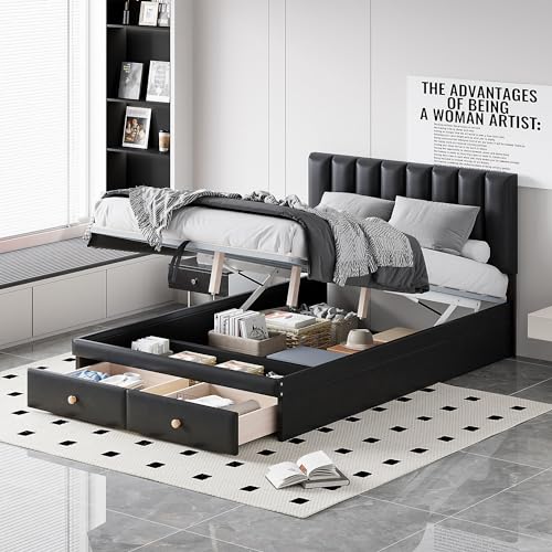 Full Size Tufted Upholstered Platform Hydraulic System and 2 Drawer, Lift Up Storage Bed for Kids Teens Adults Bedroom, White