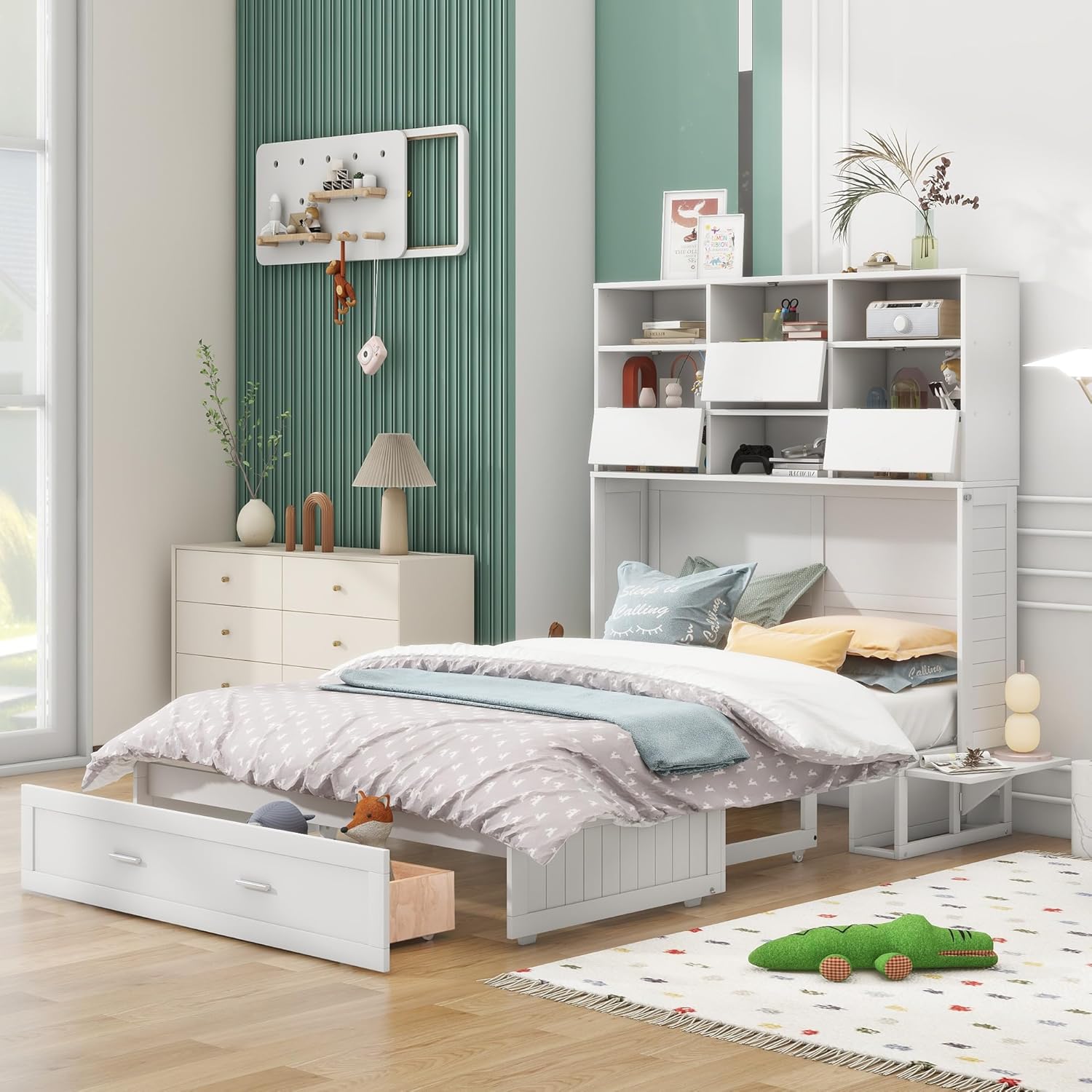 Modern Wooden Queen Size Murphy Bed with Bookcase, Bedside Shelves and a Big Drawer,for Small Spaces Apartments Studio Use (Queen, White@Bookcase)