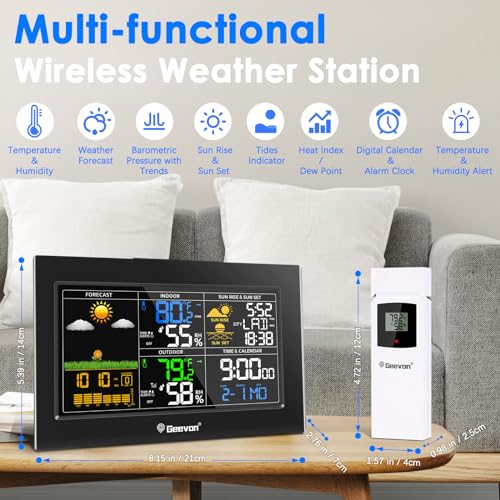 Geevon Weather Station Wireless Indoor Outdoor Thermometer, Color Large Display Weather Thermometer with Alert, Comfort Level, Barometric Pressure, Alarm Clock, Easy to Set and Tabletop Stand