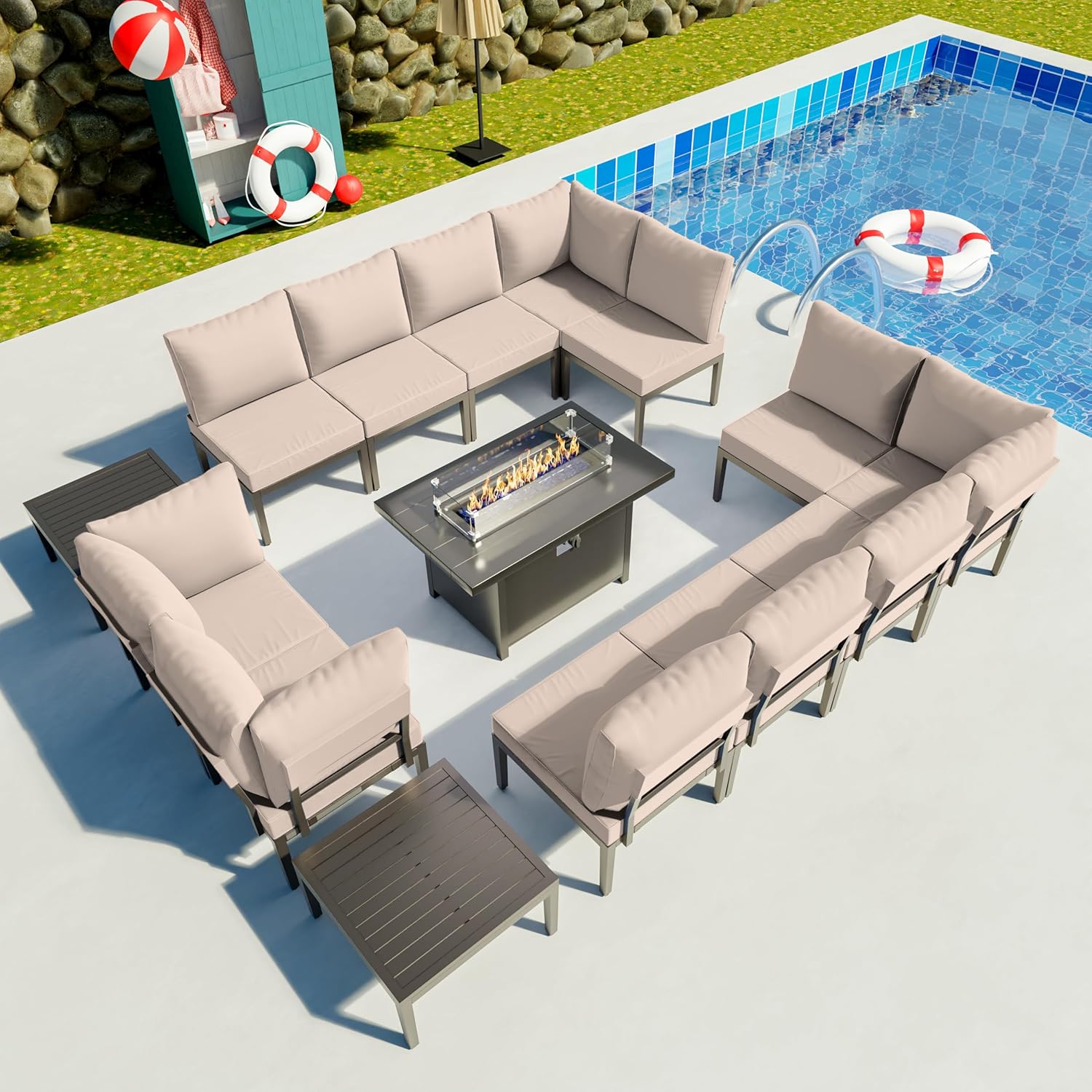 Gotland 15 Piece Outdoor Patio Furniture Set with Gas Fire Pit Table, Sectional Sofa w/43in Propane Fire Pit, 55,000 BTU Auto-Ignition Firepit w/Glass Wind Guard