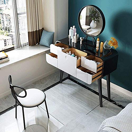 Luxury Dressing Vanity Table w/Stool for Bedroom, Nordic Dresser Desk Stainless Steel Mini Makeup Table Multifunctional Storage Room with Mirror Stool(White)