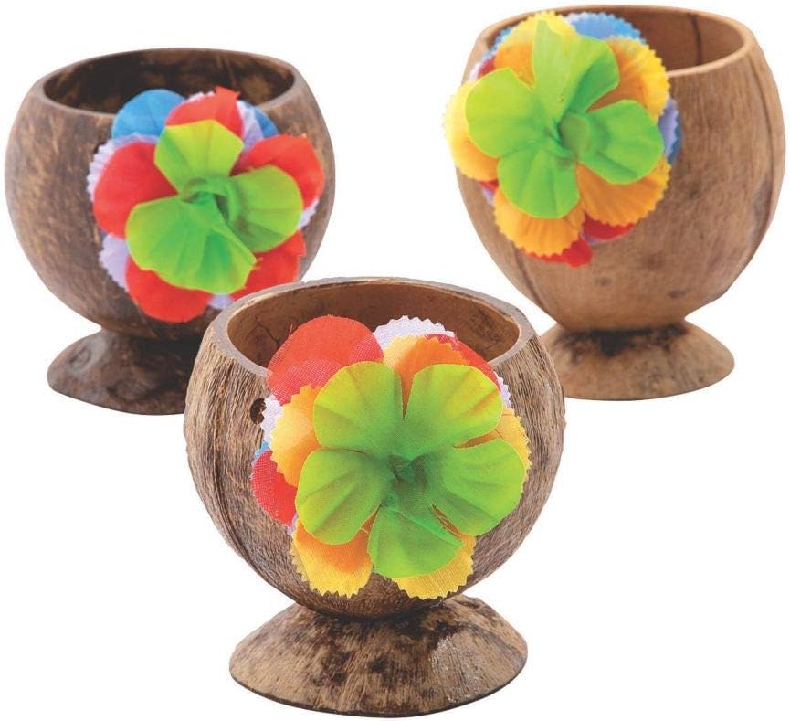 Fun Express Coconut Favor Cup with Flowers - Set of 12 - made with natural coconuts - Luau and Tiki Party Supplies (Favor Holders, Not For Drinking)