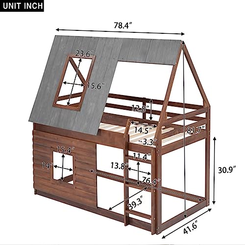 House Bunk Bed Twin Over Twin ，Bunk Beds Compatible with with Roof and Windows,Wood Floor Bunk Beds with Ladder and Guard Rails Compatible with * /,Grey,Modern Style