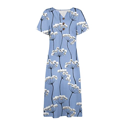 Womens Dresses Pocket Half Sleeve Long Dress Button Down Floral Printed Beach Dress V Neck Trendy Maxi Dress
