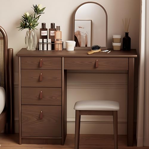 Chinese Makeup Vanity - Solid Wood Vanity Desk with 5 Drawers & Mirror and Chair, Luxury Dressing Table for Bedroom (Wood Color,31.5'')