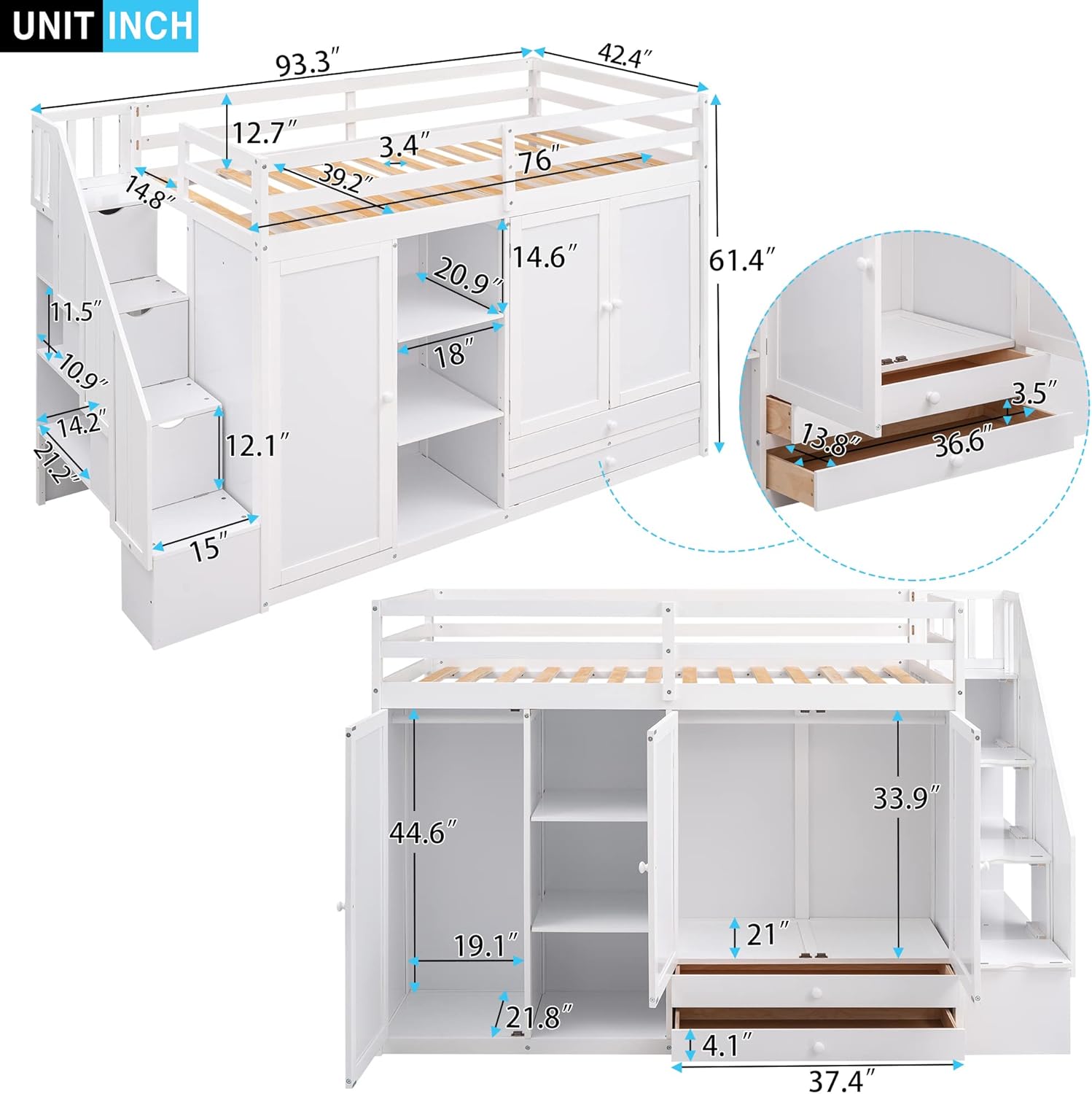 Functional Twin Size Loft Bed with 3 Shelves, 2 Wardrobes and 2 Drawers,Wooden Bedframe with Storage Stairs for Teens/Bedroom,White