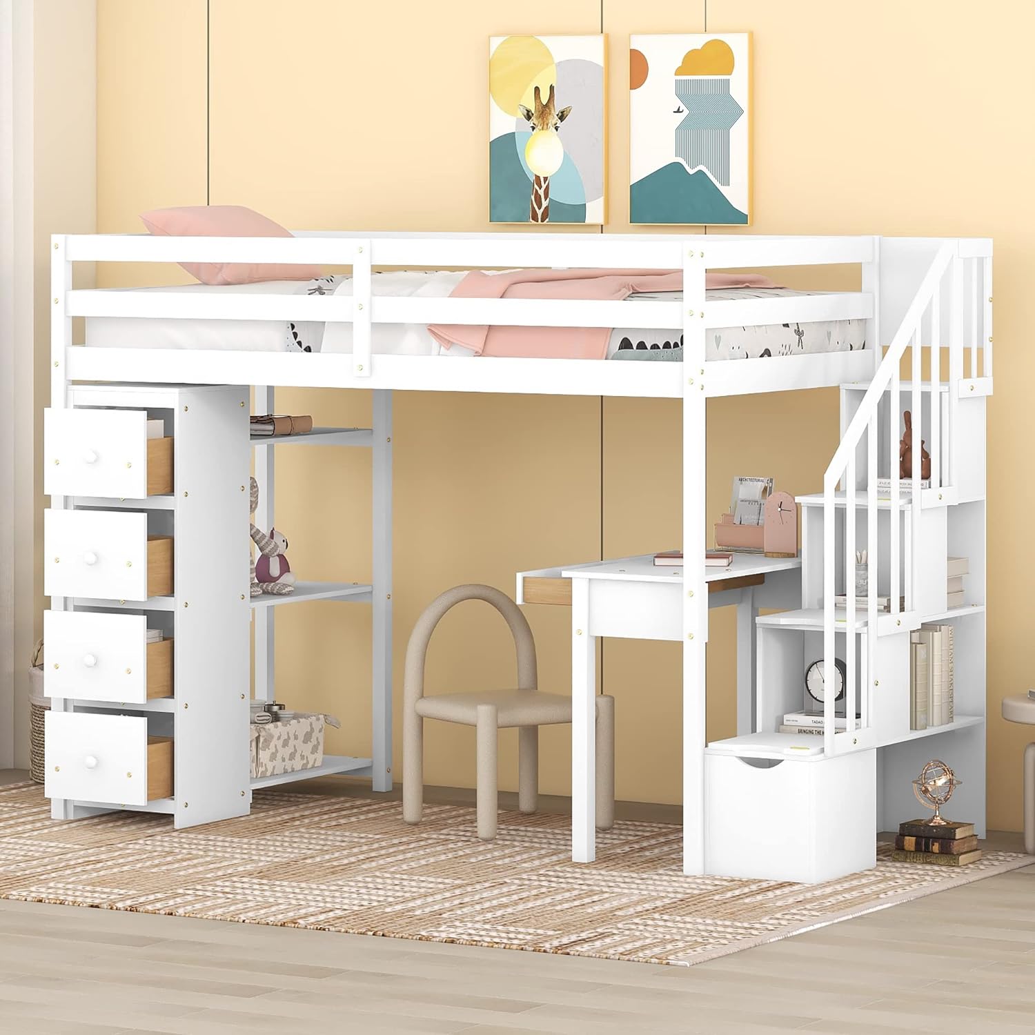 Twin size Loft Bed with Storage Drawers,Desk and Stairs, Wooden Loft Bed with Shelves - White