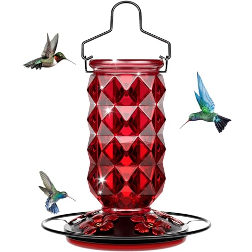 Glass Hummingbird Feeders for Outdoors, 25 Ounces Wild Bird Nectar Feeder with Perch & 5 Flower Feeding Ports Leak proof Hanging for Garden Backyard Decor, Gifts for Women Mom, Red